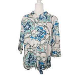 NEW JM Collection Summer Sunset Small Viscose & Linen Blue/White Print Blouse